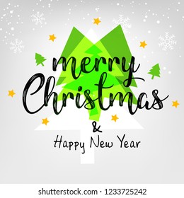 Mery Christmas 2018 calligraphy text of merry christmas with creative background and snowflakes and christmas tree vector illustration