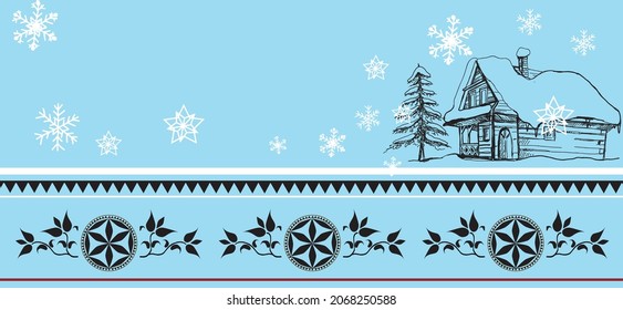 Mery Christmas 2021card  with creative background and snowflakes and christmas tree vector illustration. 
A background with elements of highlander folklore, a highlander's cottage.  svg