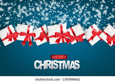 Mery Christmas banner. Xmas and Happy New Year realistic design concept. Gift boxes with red ribbon and bow covered with snow on blue background. Vector illustration.