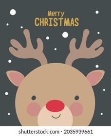Mery Christmas card with cute deer in cartoon style. Vector illustration.