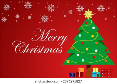 Mery Christmas Card, red background, snowflakes, gifts under christmas tree