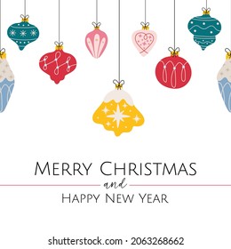 Mery Christmas and Happy New Year gift card with holiday christmas balls in yellow, red, green, pink, spun sugar and gossamer pink color