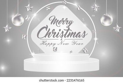 Mery Christmas and happy new year podium tinsel premium luxury podium social media post sale glow banner grey background vector illustration white gold