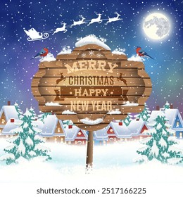 meryy Christmas and happy new year vintage greeting card on winter village. Christmas signboard and Winter landscape. Vector illustration. concept for greeting or postal card