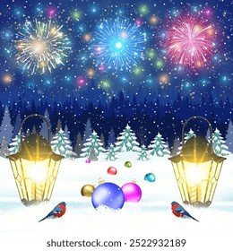 meryy Christmas and happy new year vintage greeting card on winter landscape. fireworks in the sky. Christmas ball. Vector illustration.