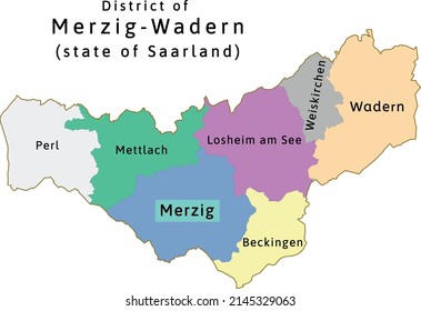 Merzig-Wadern district map of Saarland state in Germany. Vectored. Colors shamrock, concrete, polo blue, drover, orchid, silver, caramel