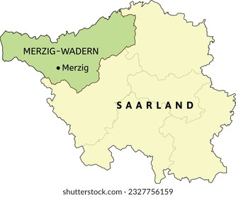 Ubicación del distrito de Merzig-Wadern y de la ciudad de Merzig en el mapa del estado de Sarre