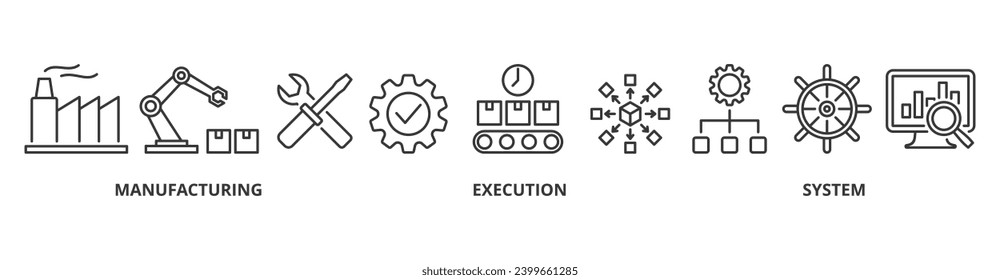 MES banner web icon vector illustration concept of manufacturing execution system with icon of factory, service, automation, operation, production, distribution, management, structure, and analysis