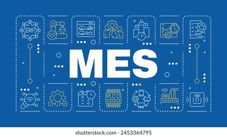 MES blue word concept. Smart factory technology. Productivity enhance. Production automation. Horizontal vector image. Headline text surrounded by editable outline icons. Hubot Sans font used