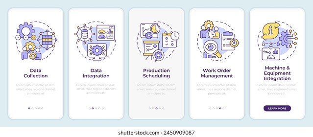 MES features onboarding mobile app screen. Factory automation. Walkthrough 5 steps editable graphic instructions with linear concepts. UI, UX, GUI template. Montserrat SemiBold, Regular fonts used