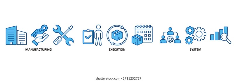 Conjunto de iconos MES en Ilustración vectorial de estilo azul para el sistema de ejecución de fabricación con ícono de fábrica, servicio, automatización, operación, producción, distribución, gestión, estructura y análisis