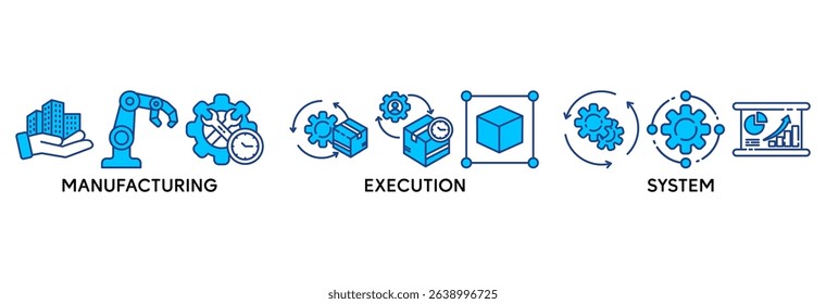 MES icon set vector illustration concept relate to manufacturing execution system with icon of factory, service, automation, operation, production, distribution, management, structure, and analysis
