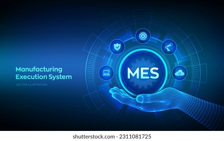 MES icon in wireframe hand. Manufacturing execution system. Business industrial technology concept on virtual screen. Automation Software. Innovation, improving productivity. Vector illustration.