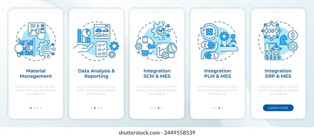 MES integration blue onboarding mobile app screen. Walkthrough 5 steps editable graphic instructions with linear concepts. UI, UX, GUI template. Montserrat SemiBold, Regular fonts used