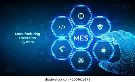 MES. Sistema de ejecución de fabricación. Software de automatización. Innovación, mejora de la productividad. La mano de alambre coloca un elemento en una composición que visualiza MES. Ilustración vectorial.