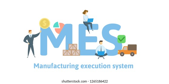 MES, Manufacturing execution system. Concept with keywords, letters and icons. Colored flat vector illustration. Isolated on white background.