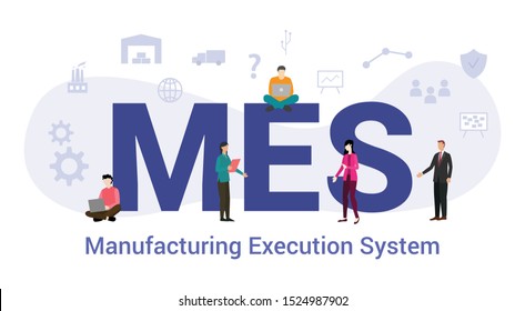 Mes Manufacturing Execution System Concept With Big Word Or Text And Team People With Modern Flat Style - Vector