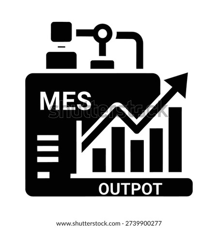 Mes manufacturing execution system industrial graph with growing arrow and output metrics on a black and white icon