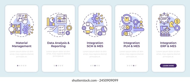 MES manufacturing organization onboarding mobile app screen. Walkthrough 5 steps editable graphic instructions with linear concepts. UI, UX, GUI template. Montserrat SemiBold, Regular fonts used