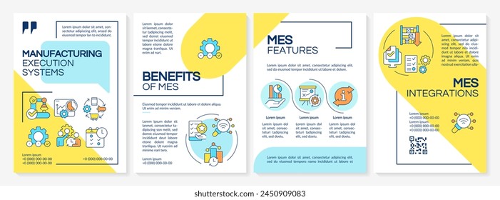 MES organization blue and yellow brochure template. Leaflet design with linear icons. Editable 4 vector layouts for presentation, annual reports. Questrial, Lato-Regular fonts used