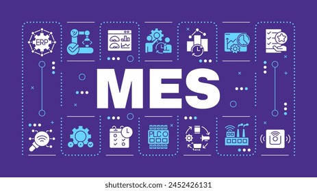 MES purple word concept. Manufacturing control system. Factory automation. Performance analysis. Visual communication. Vector art with lettering text, editable glyph icons. Hubot Sans font used