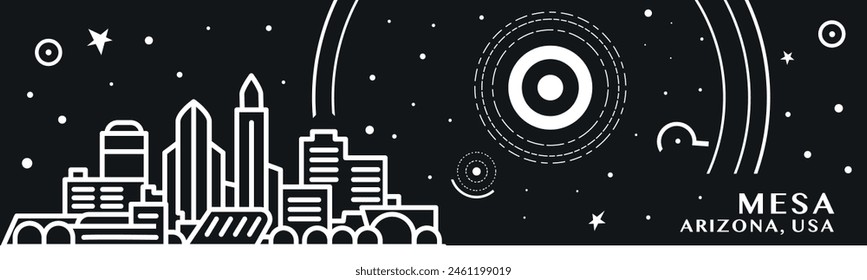 Mesa, Arizona city thin line style banner with black and white cityscape and skyline. Chalkboard vector horizontal illustration, header, footer for USA, American state