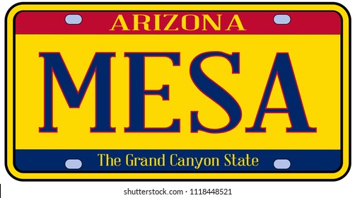 Mesa Arizona state city license plate in the colors of the state flag with icons over a white background