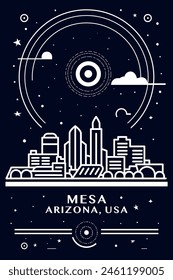 Mesa, Arizona, USA city creative poster with abstract thin line cityscape and skyline. Chalkboard style vector black and white illustration, vertical graphic for United States of America