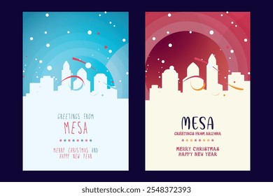 Mesa Christmas poster with skyline, cityscape. Winter USA Arizona state holiday, New Year vector brochure, website, flyer, leaflet, card layout