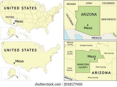 Mesa city location on USA, Arizona state and Maricopa county map