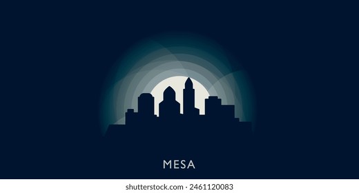 Mesa cityscape skyline city panorama vector flat modern banner illustration. USA, Arizona state emblem idea with landmarks and building silhouettes at sunrise sunset night