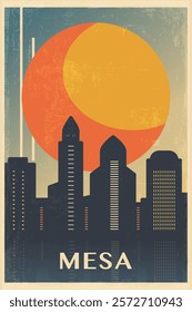 Mesa retro city poster with abstract shapes of skyline, buildings. USA, Arizona state vintage travel vector illustration, cityscape at sunrise, sunset