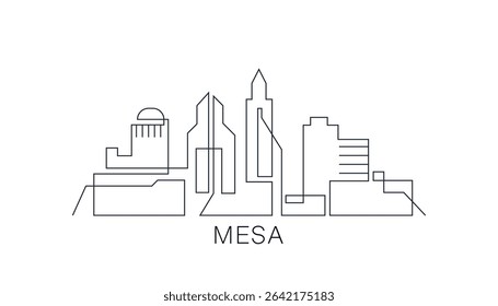 Mesa stroke, single art skyline. Continuous urban panorama silhouette outline, vector illustration of USA, Arizona state city with buildings, skyscrapers. Thin line icon, logo, card