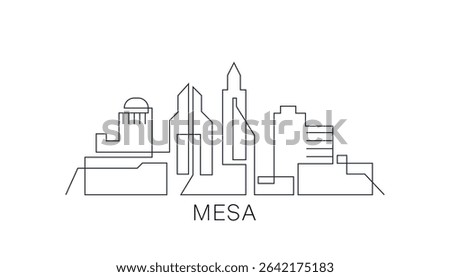 Mesa stroke, single art skyline. Continuous urban panorama silhouette outline, vector illustration of USA, Arizona state city with buildings, skyscrapers. Thin line icon, logo, card