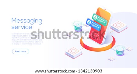 Mesaging service concept in isometric vector illustration. Electronic messenger app for smartphone. Webmail or mobile application layout for website landing header.