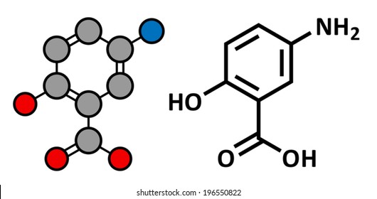 Mesalazine (mesalamine, 5-aminosalicylic acid, 5-ASA) inflammatory bowel disease drug, chemical structure. Used to treat ulcerative colitis and Crohn's disease. 