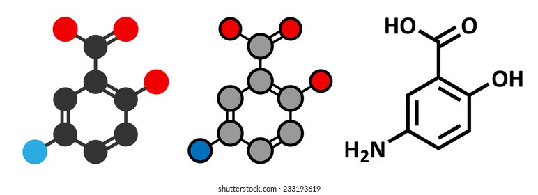 Mesalazine (mesalamine, 5-aminosalicylic acid, 5-ASA) inflammatory bowel disease drug molecule. Used to treat ulcerative colitis and Crohn's disease.  