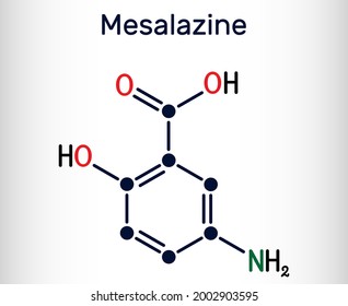 Mesalazine, mesalamine, 5-aminosalicylic acid molecule. It is non-steroidal anti-inflammatory drug, used for treatment of ulcerative colitis,Crohn's disease. Skeletal chemical formula. Vector 