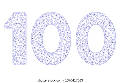 Mesh 100 digits text polygonal icon illustration. Abstract mesh lines and dots form triangular 100 digits text. Wire frame 2D polygonal line network in vector format isolated on a white background.