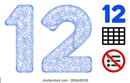 Mesh 12 dígitos texto imagen vectorial de icono web poligonal. El modelo de canales se basa en un icono plano de texto de 12 dígitos. Los formularios de red de triángulo forman un modelo plano de texto abstracto de 12 dígitos.