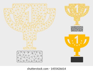Mesh 1st prize goblet model with triangle mosaic icon. Wire frame triangular mesh of 1st prize goblet. Vector mosaic of triangle elements in variable sizes, and color tones.