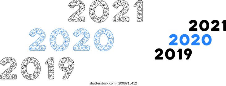 Mesh 2019 - 2021 years model icon. Wire carcass polygonal mesh of vector 2019 - 2021 years isolated on a white background. Abstract 2d mesh designed with polygonal grid and round dots.