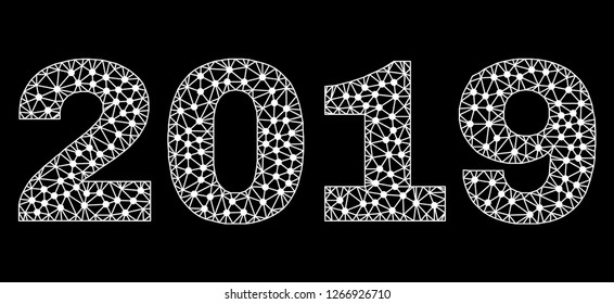 Mesh 2019 polygonal text isolated on a black background. 2019 tag of wire frame build with lines and dots. Letters are triangulated and has white color.