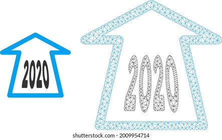 Mesh 2020 ahead arrow model icon. Wire carcass polygonal mesh of vector 2020 ahead arrow isolated on a white background. Abstract 2d mesh created from polygonal grid and points.