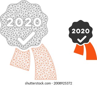 Mesh 2020 approve award model icon. Wire frame polygonal mesh of vector 2020 approve award isolated on a white background. Abstract 2d mesh designed with polygonal grid and spheric points.