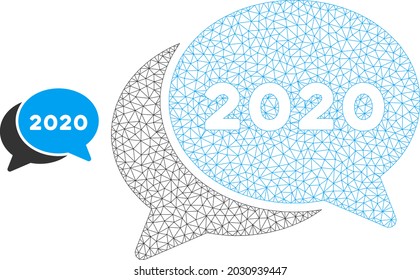 Mesh 2020 chat messages model icon. Wire carcass polygonal mesh of vector 2020 chat messages isolated on a white background. Abstract 2d mesh built from polygonal grid and small circle.