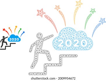 Icono del modelo de pasos en nube de Mesh 2020 fireworks. Malla poligonal del marco de alambre de los pasos de la nube de fuegos artificiales vectoriales 2020 aislados en un fondo blanco. Resumen de malla 2d construida a partir de rejilla poligonal y puntos redondos.