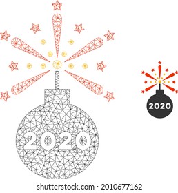 Mesh 2020 Feuerwerk Detonator Modell Symbol. Drahtkarras Polygonnetz von Vektorsymbol 2020, Zünder einzeln auf weißem Hintergrund. Abstrakte 2d-Masche, konstruiert mit polygonalem Gitter und Punkten.