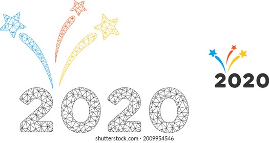 Mesh 2020 fireworks model icon. Wire frame triangular mesh of vector 2020 fireworks isolated on a white background. Abstract 2d mesh built from triangular lines and small circle.