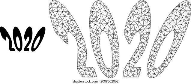 Mesh 2020 perspective text model icon. Wire frame polygonal mesh of vector 2020 perspective text isolated on a white background. Abstract 2d mesh built from polygonal grid and circle nodes.